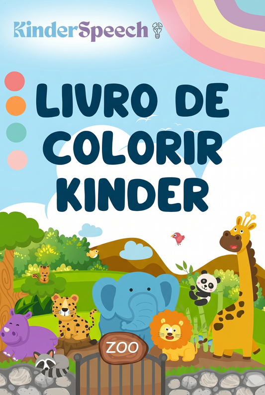 Capa do "Livro de Colorir Kinder" da KinderSpeech, com ilustrações coloridas de animais do zoo, como girafa, elefante e leão, para atividades criativas infantis.