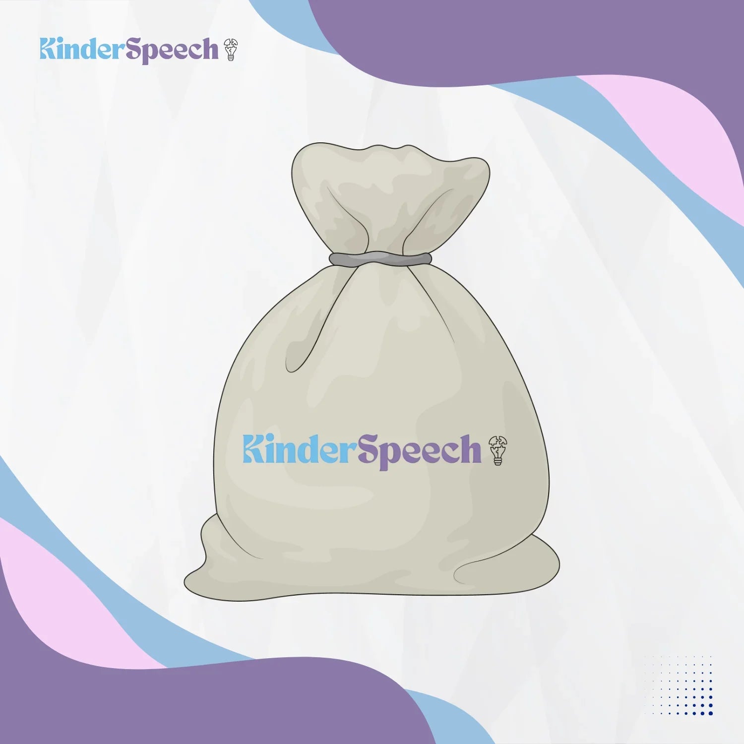 Ilustração de um saco de pano bege com o logótipo KinderSpeech, ideal para guardar e transportar os cartões educativos e o leitor de cartões.